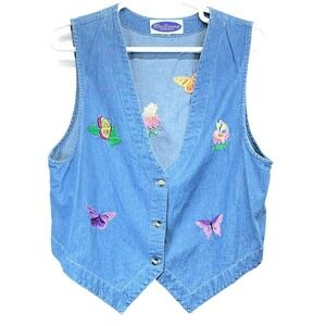 Vintage Blue Diamond Virginia Beach Cotton Butterfly Floral Denim Vest‎